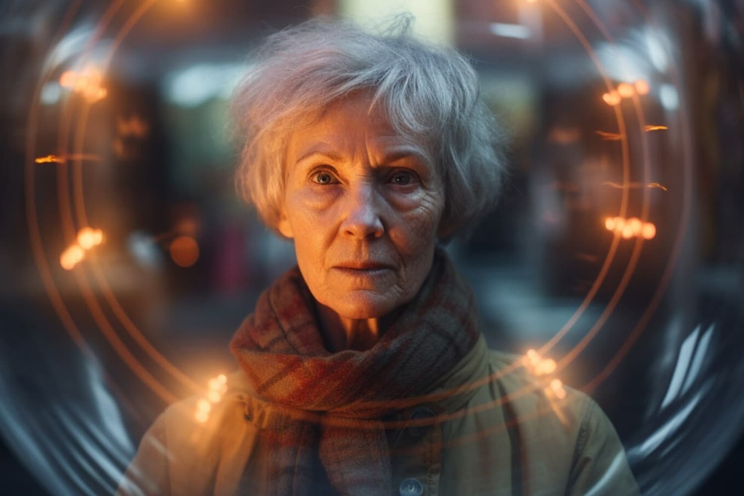 Older woman surrounded by a circle of light