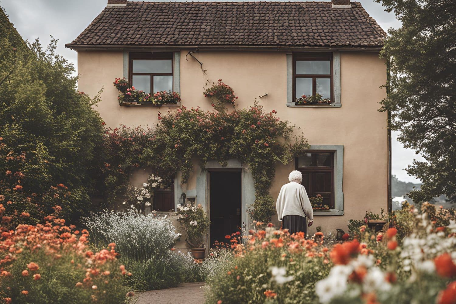 Older person in front of a house in bloom